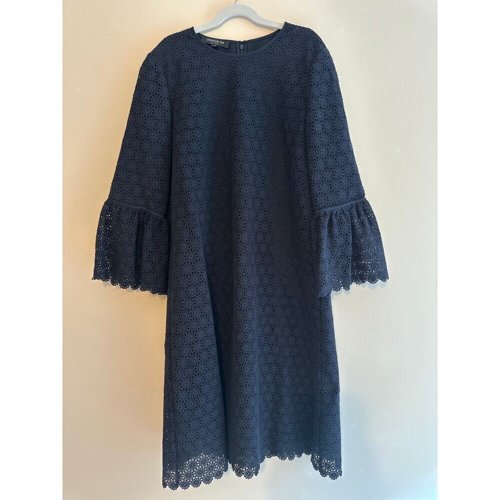 LAFAYETTE 148 NY Womens Navy Embroidered Bell Sleeved Eyelet Preppy Dress Small